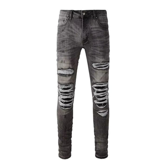 Men's Grey PU Leather & Slim Fit Ripped Jeans