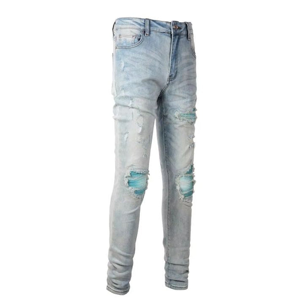 Men's Blue Leather Ribs & Distressed Slim Fit Ripped Jeans