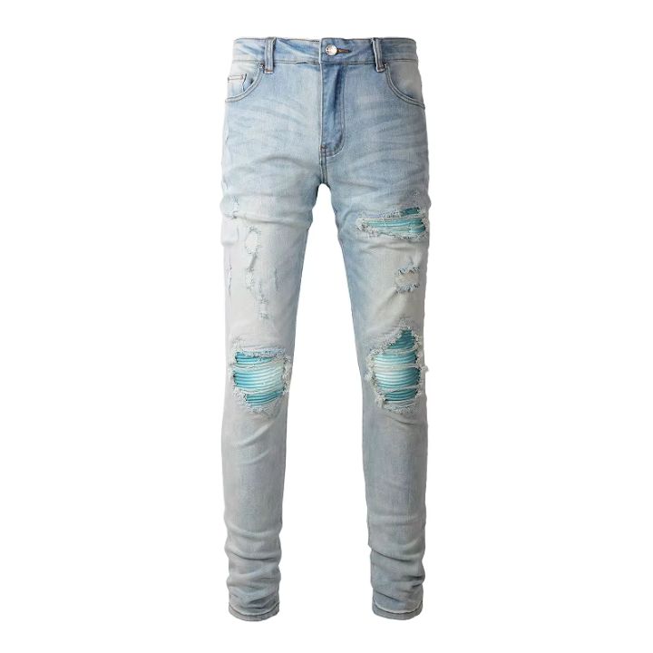Men's Blue Leather Ribs & Distressed Slim Fit Ripped Jeans