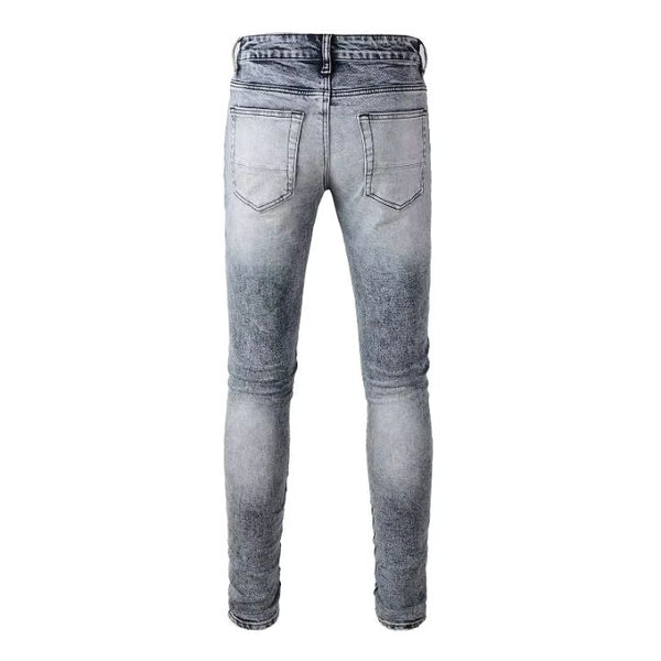 Men's Black PU Leather & Pleated Patchwork Slim Fit Ripped Grey Jeans