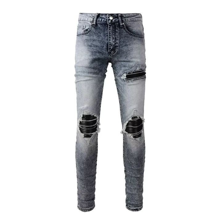 Men's Black PU Leather & Pleated Patchwork Slim Fit Ripped Grey Jeans