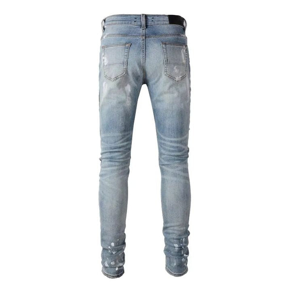 Men's Blue Crystal Patch Slim Fit Ripped Jeans