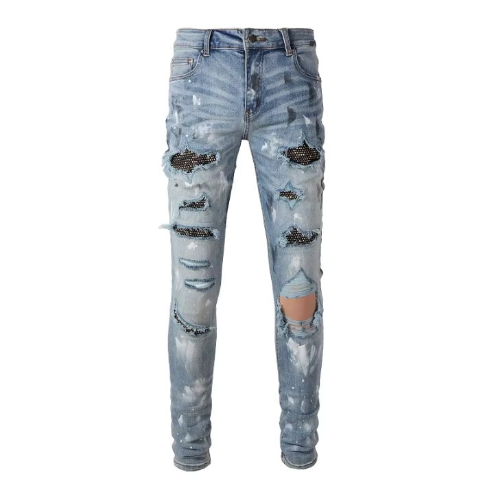 Men's Blue Crystal Patch Slim Fit Ripped Jeans