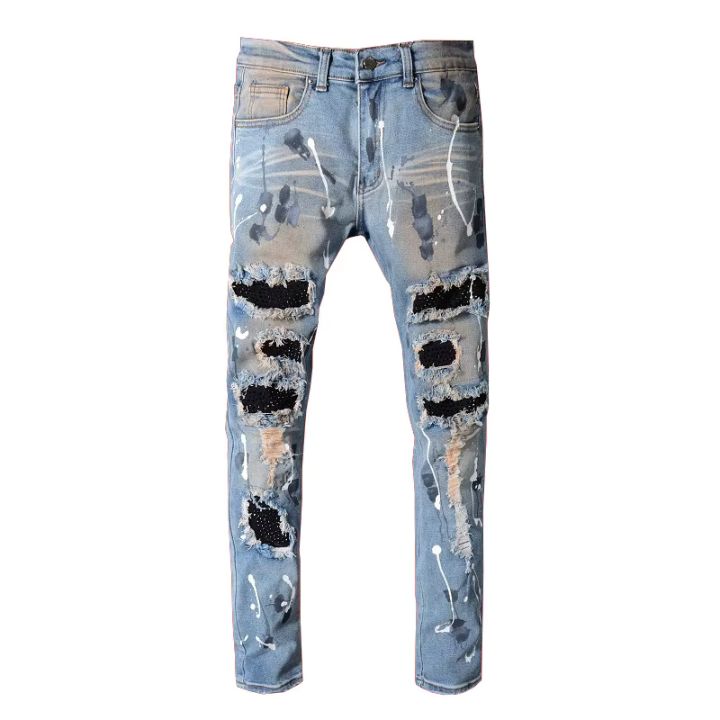 Men's Blue Slim Fit Crystal-Patch Ripped Jeans