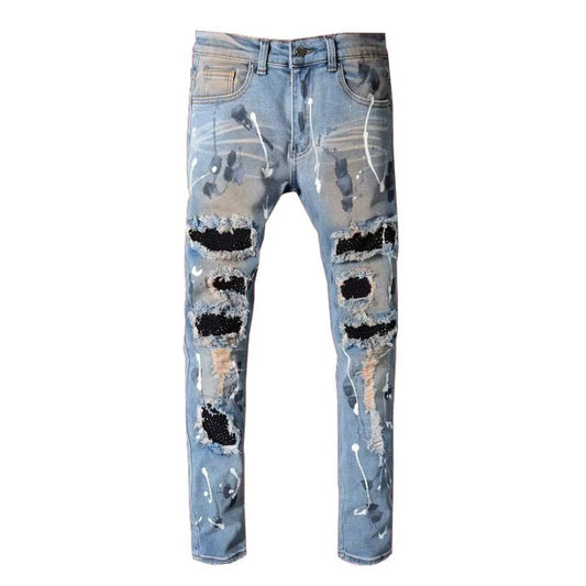 Men's Blue Slim Fit Crystal-Patch Ripped Jeans