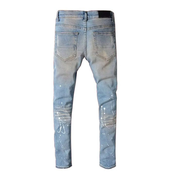 Men's Blue Slim Fit Crystal-Patch Ripped Jeans