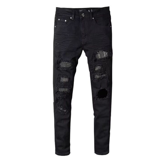 Black Crystal-Patch Slim Fit Rhinestones Ripped Jeans