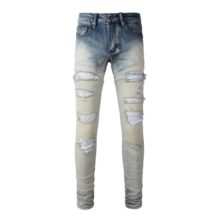 Men's Crystal-Patch Distressed Slim Fit Jeans