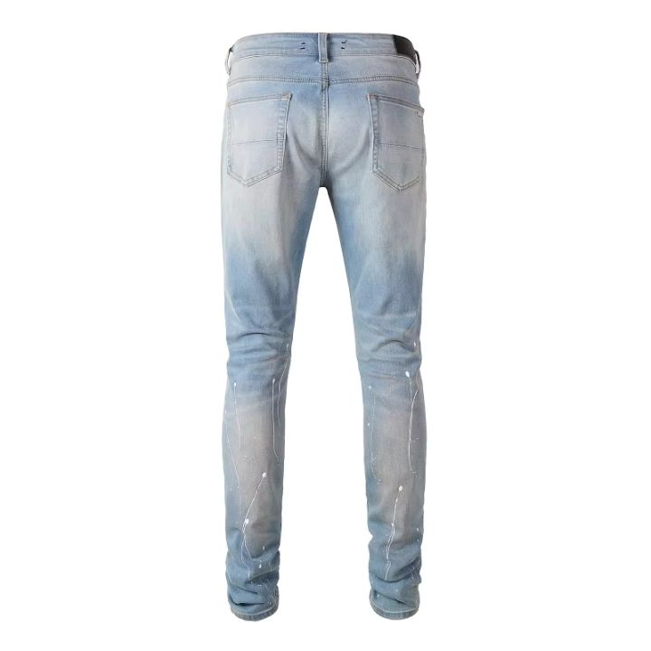 Men 's Blue Slim Fit Jeans with Black Crystal Patches