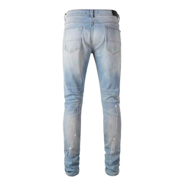 Men 's Blue Slim Fit Jeans with Black Crystal Patches