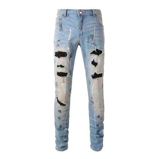 Men 's Blue Slim Fit Jeans with Black Crystal Patches