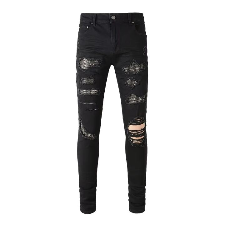 Men 's Black Slim Fit Ripped Jeans with Crystal Patchwork