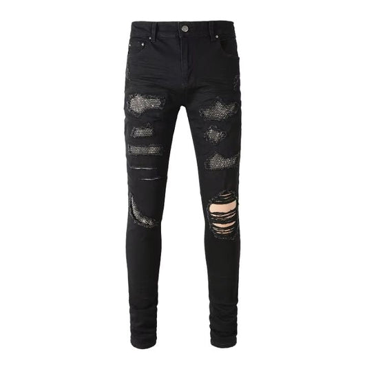 Men 's Black Slim Fit Ripped Jeans with Crystal Patchwork