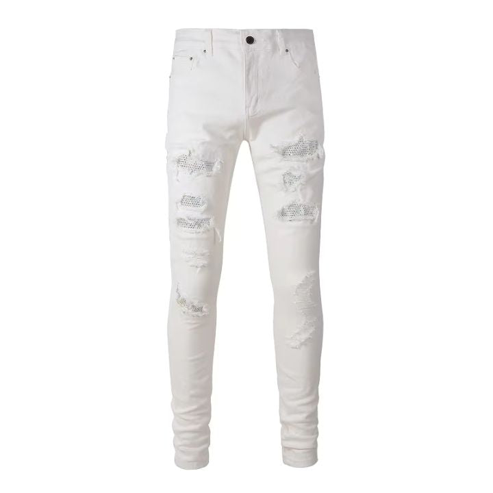 Men's Beige White Slim Fit Ripped Jeans with Transparent Crystals