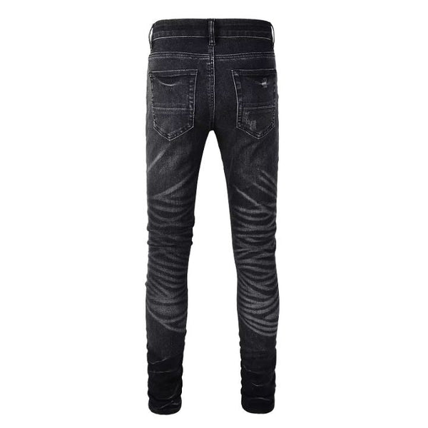 Men's Black Slim Fit Ripped Jeans with Crystal Patches