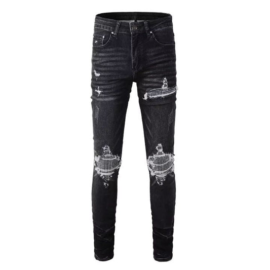 Men's Black Slim Fit Ripped Jeans with Crystal Patches