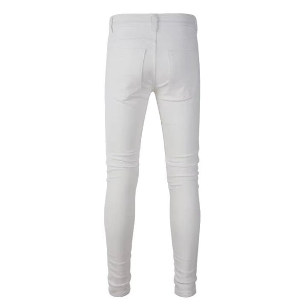 Men's White Slim Fit Ripped Jeans with Crystal Patchwork