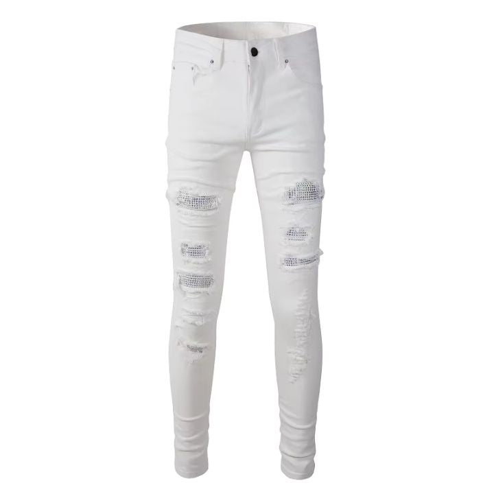 Men's White Slim Fit Ripped Jeans with Crystal Patchwork