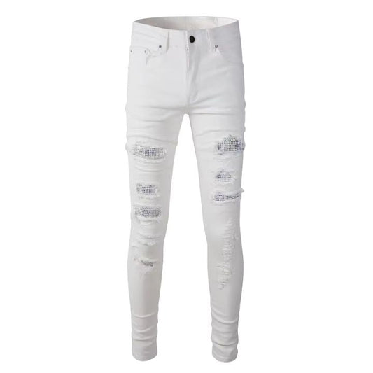 Men's White Slim Fit Ripped Jeans with Crystal Patchwork