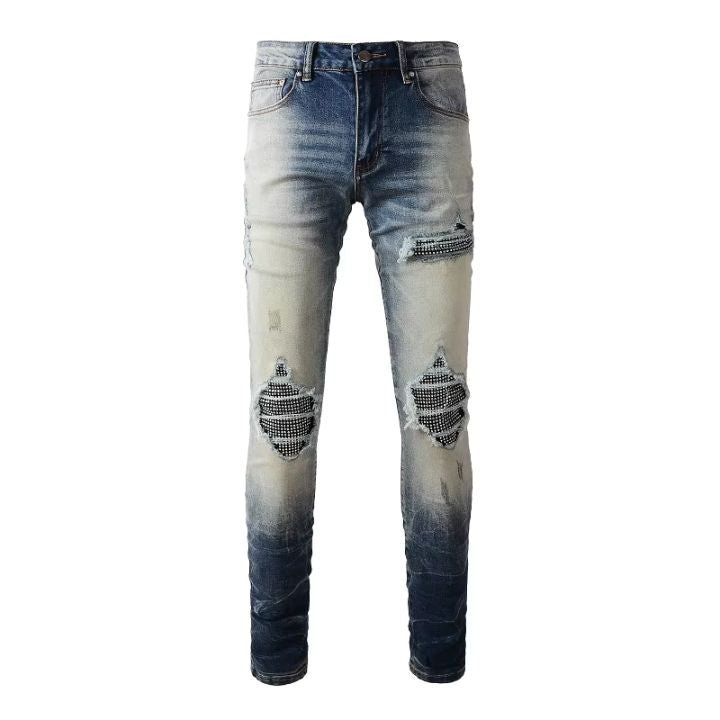 Men's Slim Fit Crystals-Patch Distressed Denim Jeans