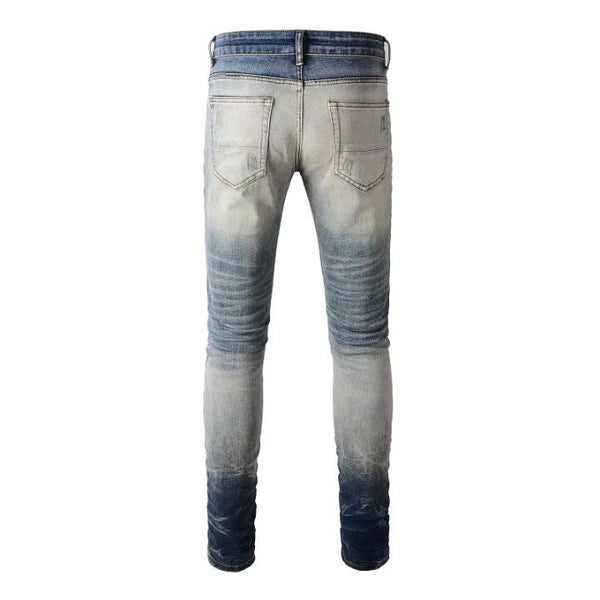 Men's Slim Fit Crystals-Patch Distressed Denim Jeans