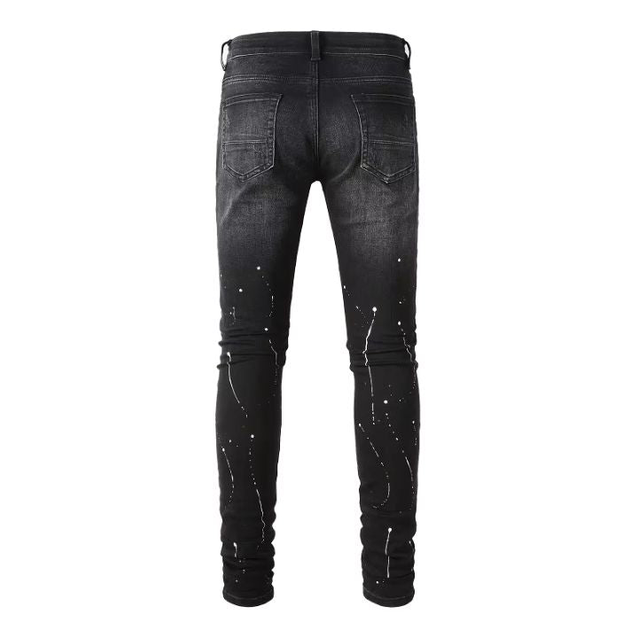 Men's Black Graffiti Slim Fit Rhinestone Ripped Jeans