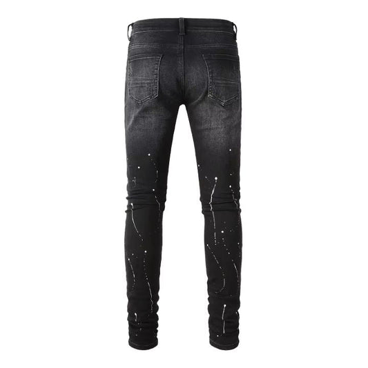 Men's Black Graffiti Slim Fit Rhinestone Ripped Jeans