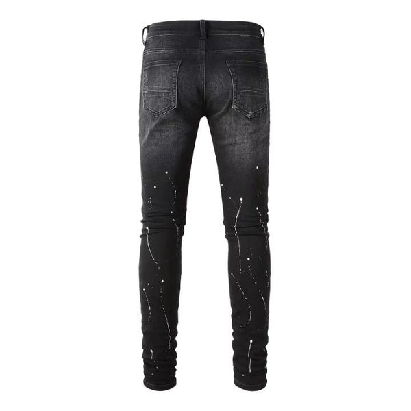 Men's Black Graffiti Slim Fit Rhinestone Ripped Jeans