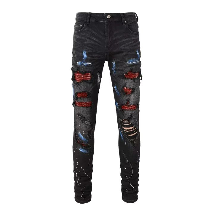 Men's Black Graffiti Slim Fit Rhinestone Ripped Jeans