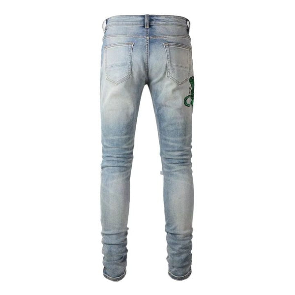 Light Blue Slim Fit Ripped Jeans with Embroidered Snake Patchwork for Men