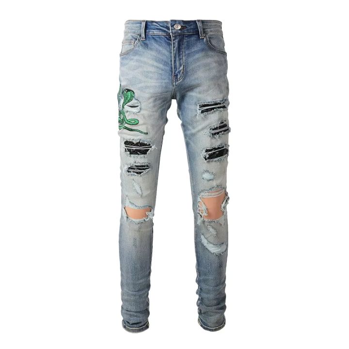 Light Blue Slim Fit Ripped Jeans with Embroidered Snake Patchwork for Men