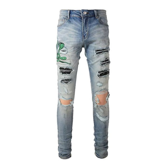 Light Blue Slim Fit Ripped Jeans with Embroidered Snake Patchwork for Men