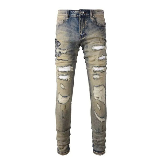 Distressed Light Blue and Faded Yellow Slim Fit Jeans with Embroidered Snake