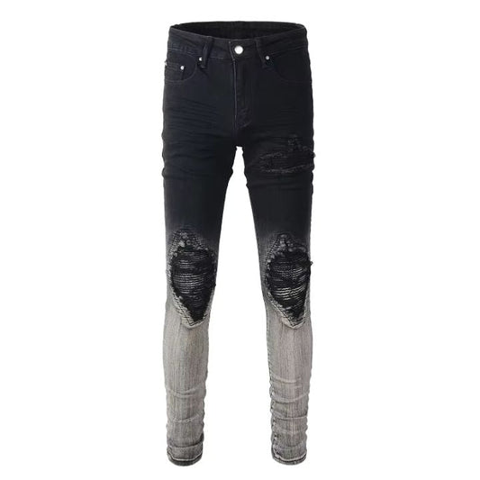 Men's High-Street Slim Fit Ripped Black Jeans with Light Blue Fade and Patchwork