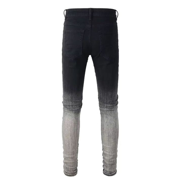 Men's High-Street Slim Fit Ripped Black Jeans with Light Blue Fade and Patchwork