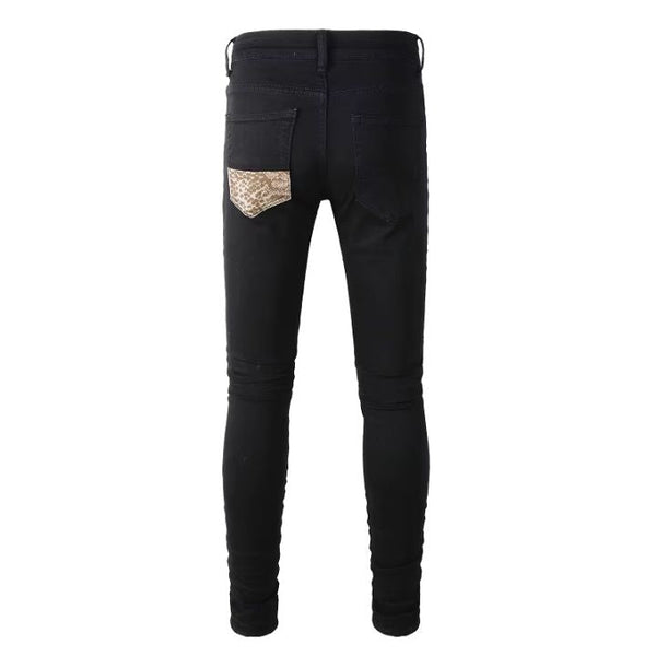 Men's Slim Fit Black Ripped Jeans with Snake Skin Patchwork