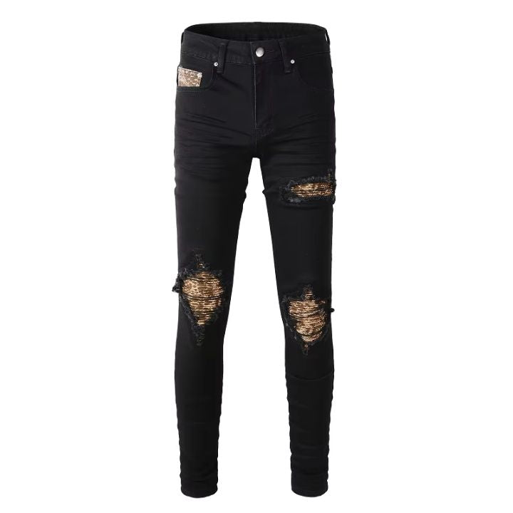 Men's Slim Fit Black Ripped Jeans with Snake Skin Patchwork