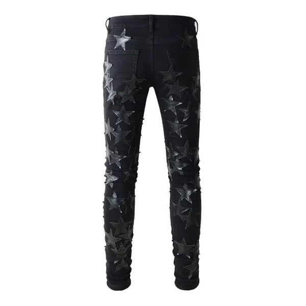 Men's Black Ripped Streetwear Denim Pants with Leather Star Patchwork