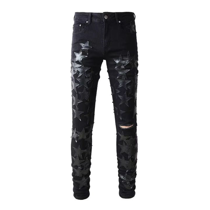 Men's Black Ripped Streetwear Denim Pants with Leather Star Patchwork