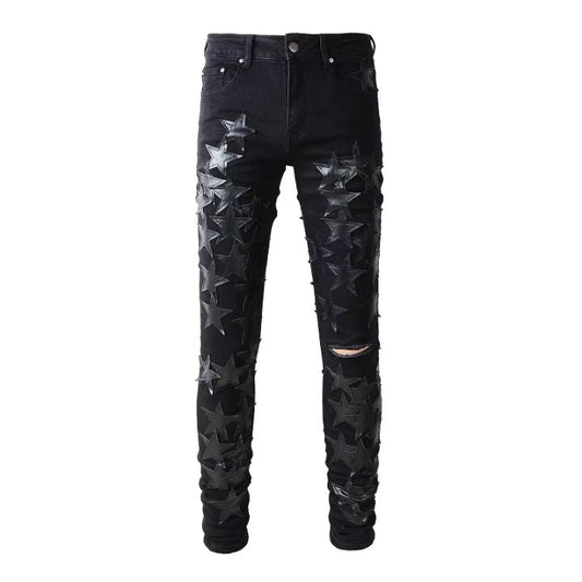 Men's Black Ripped Streetwear Denim Pants with Leather Star Patchwork