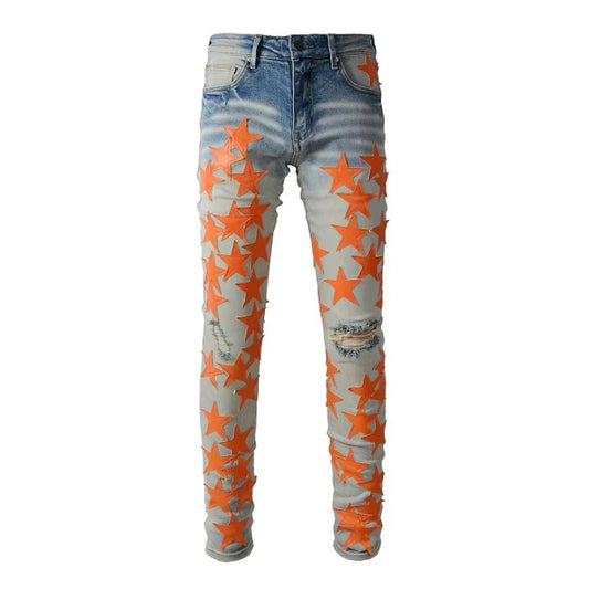 Men's Light Blue Ripped Denim Pants with Yellow Star Patchwork
