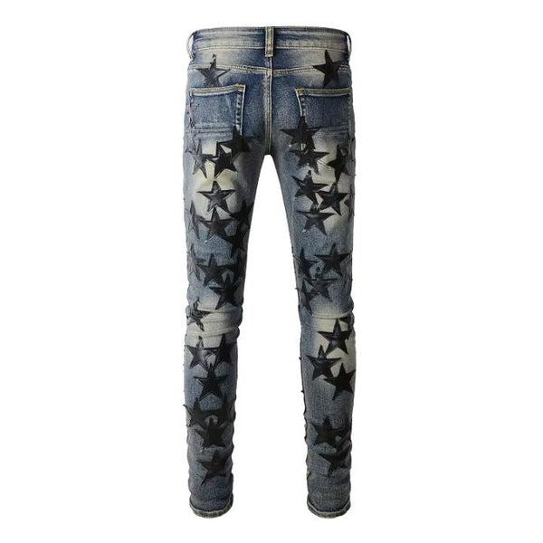 Men's Light Blue Ripped Denim Pants with Black Star Patchwork