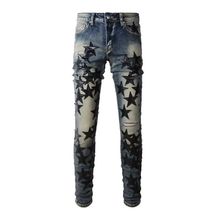 Men's Light Blue Ripped Denim Pants with Black Star Patchwork