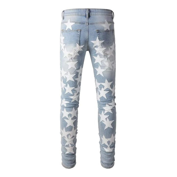 Men's Light Blue Ripped Denim Pants with Leather White Star Patchwork