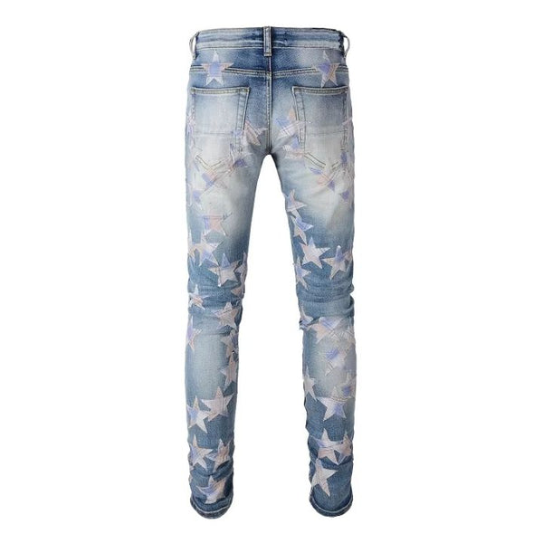 Men's Light Blue Ripped Denim Pants with Star Patchwork