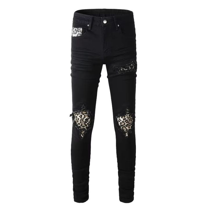 Men's Black Ripped Stretch Denim Jeans with Leopard Print and Ribbed Patchwork