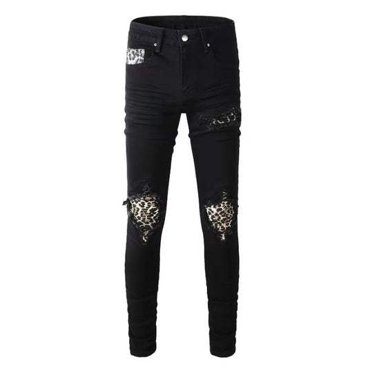 Men's Black Ripped Stretch Denim Jeans with Leopard Print and Ribbed Patchwork