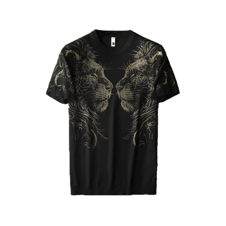 Men's Luxury Lion Print Rhinestone T-Shirt – High-End Soft Stretch Short Sleeve