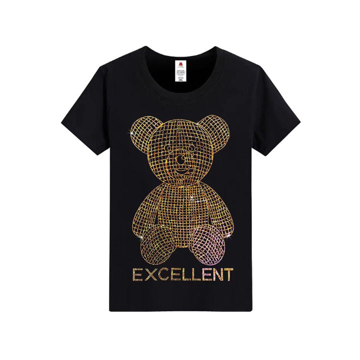 Men's Golden Bear Rhinestone O-Neck T-Shirt – Oversized Cotton Short Sleeve Tee