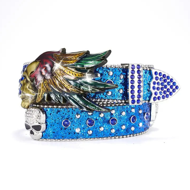 Blue Glitter Skull & Feather Western Belt